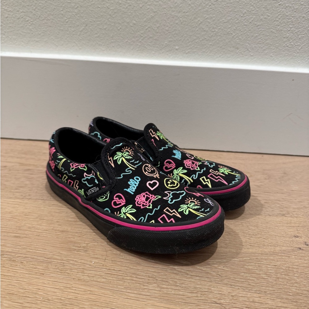 Vans Kids' Black Slip-On Sneakers with Colorful Neon Patterns